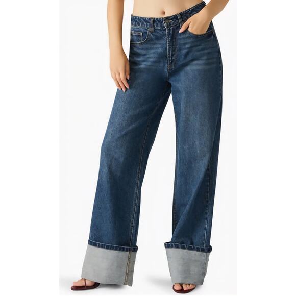 Steve Madden Romona Wide Leg Cuffed Jeans Size 27 High Rise Dark Wash - Picture 6 of 6